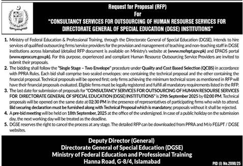 Ministry of Federal Education & Professional Training Islamabad Tender Notice
